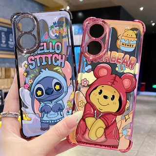 เข้ากันได้กับ OPPO A40 A3X A2 A5 Pro A60 A18 A38 A57 4G A58 5G Pooh Bear Stitch Clear Plating Case Anti Drop Cover FD
