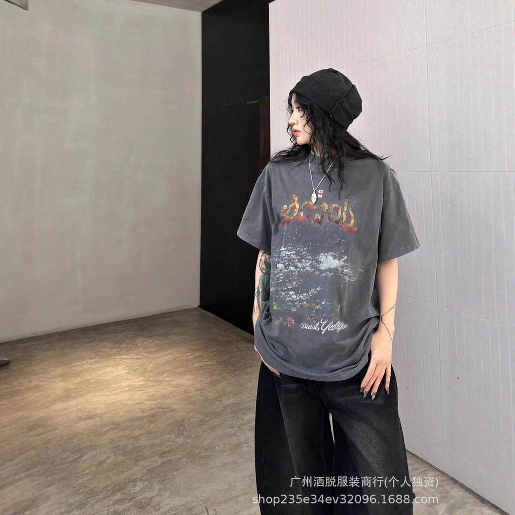 LV2A BLCG National Flag Kangxian Digital Print Washed Vintage Round Neck T Unisex Loose Short Sleeve