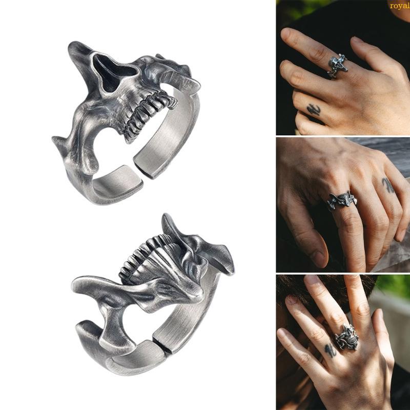 (ส่วนลดสูง)oyalking.th Retro Gothic Skull Rings for Men Dainty Silver Black Punk Style Rings Accesso
