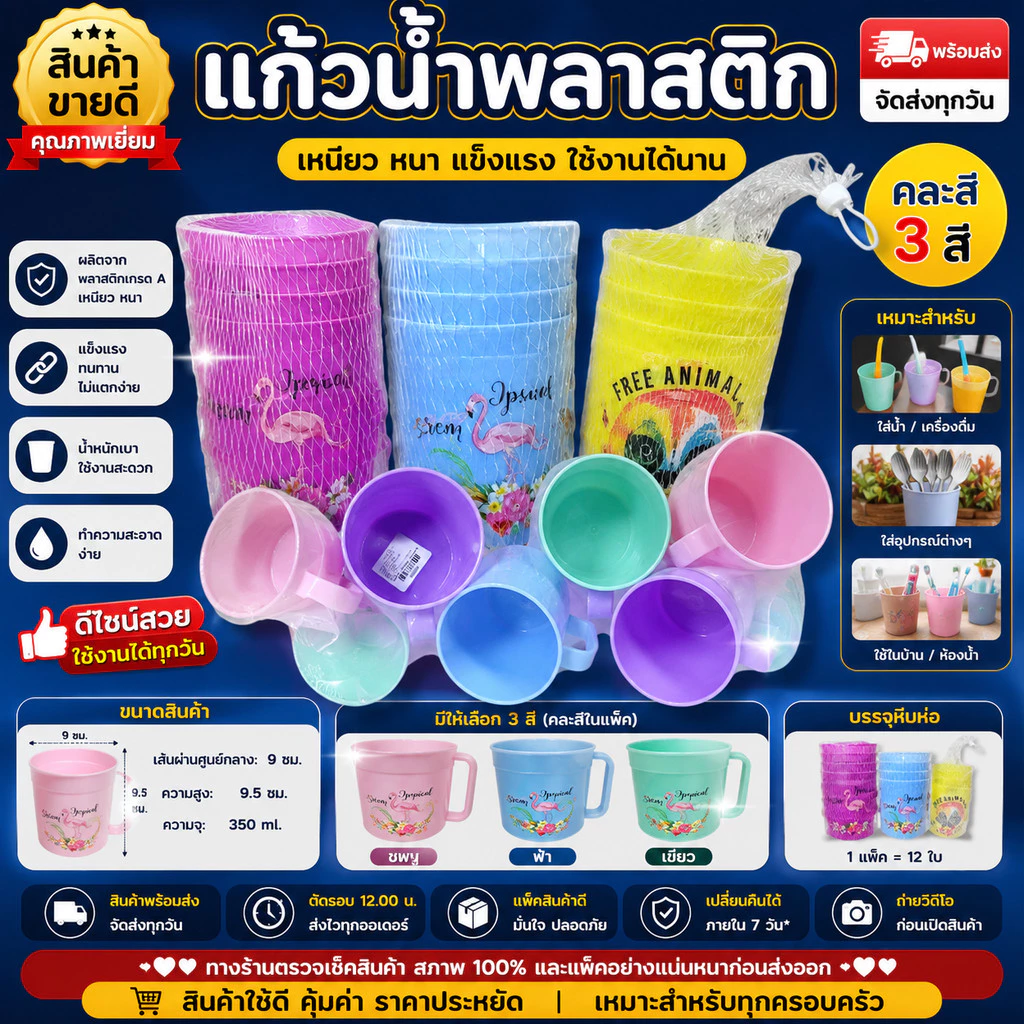 พร้อมส่ง✨ แก้วน้ำพลาสติก แพ็ค 4 ใบ แก้วน้ำสีสวย ใช้ในบ้าน ร้านอาหาร ร้านกาแฟ ราคาประหยัด