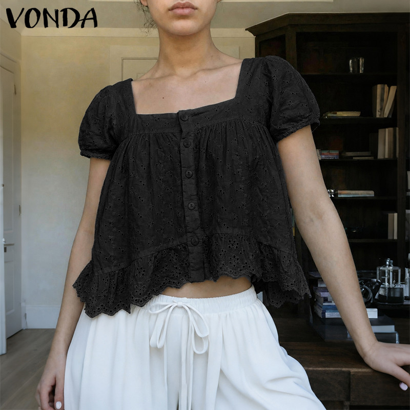 VONDA ผู้หญิงเกาหลีหวานรีสอร์ทสไตล์สแควร์คอพัฟแขน Single-Breasted Hollow Lace Ruffles Hem เสื้อ — صورة 4