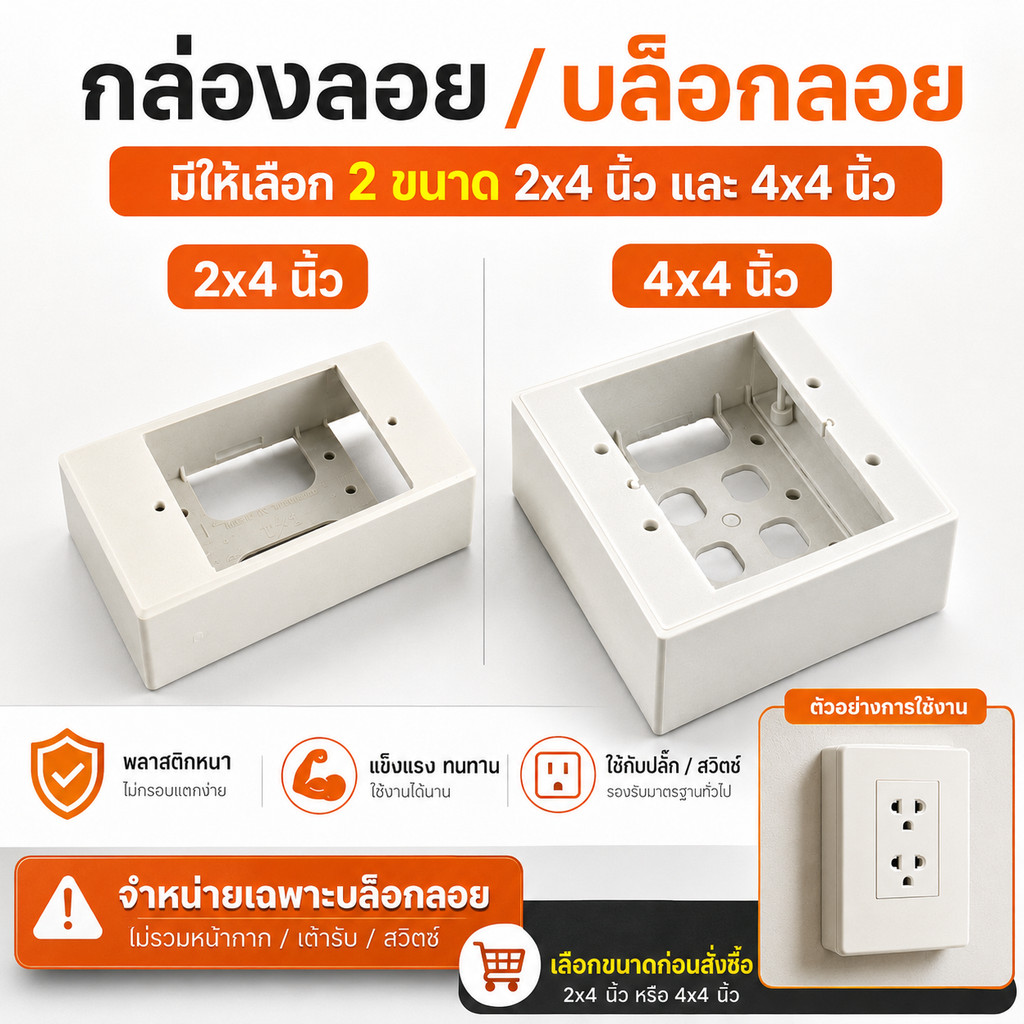 💥TZ  กล่องลอย บล็อกลอย กล่องลอยไฟฟ้า 2x4 นิ้ว 4x4 นิ้ว กล่องติดผนัง พลาสติกหนา สำหรับปลั๊ก สวิตช์ เต้ารับ เลือกขนาดได้