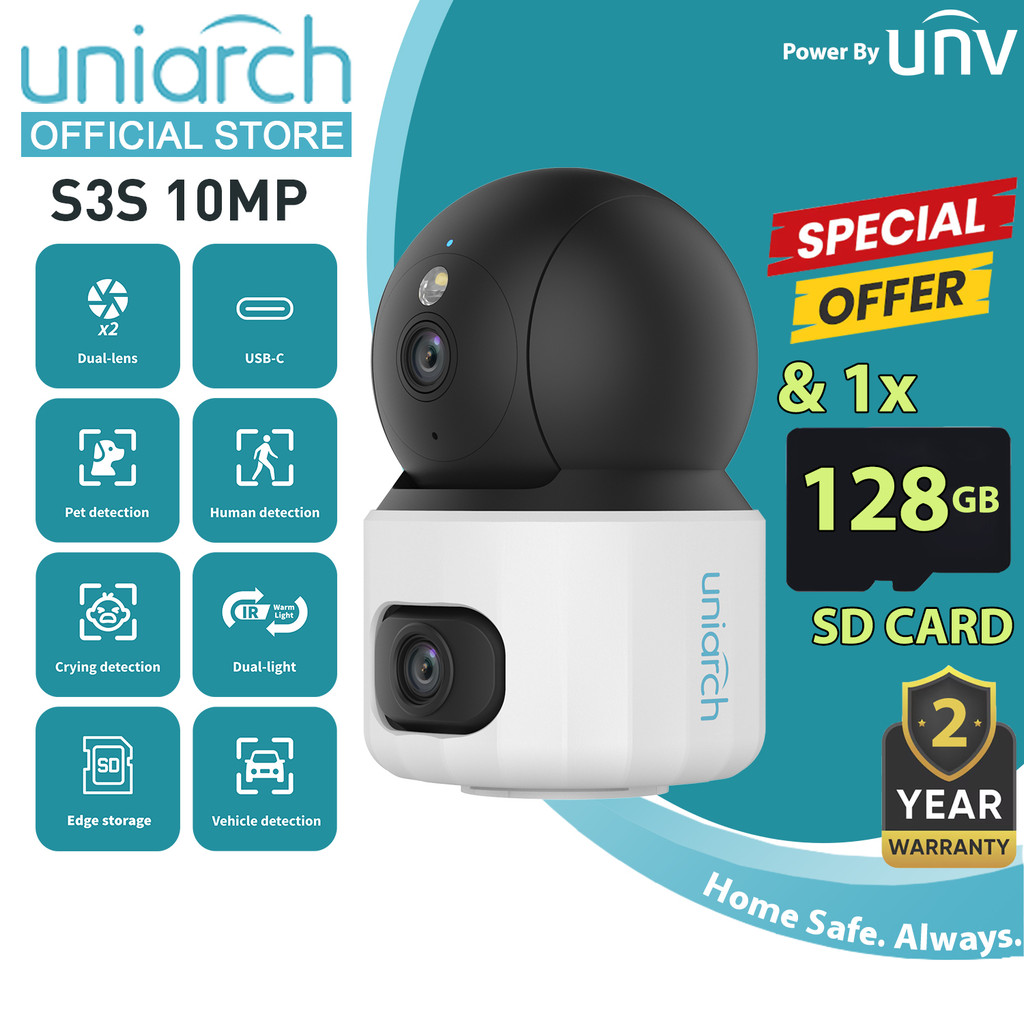 Uniarch S3S 5+5MP WiFi Dual เลนส์ในร่ม PT กล้องสองทางเสียง H265 กล้องวงจรปิดความปลอดภัยโดย UNV + 128