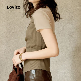 Lovito สง่างาม เสื้อเชิ้ตผู้หญิงลายไม่สมมาตร ปลอม 2-ใน-1 สําหรับฤดูใบไม้ผลิ/ฤดูร้อน LK4LD2653