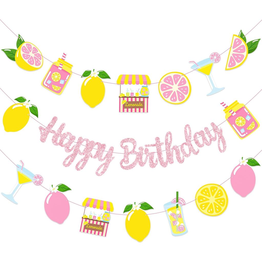 3cps Pink Lemonade Happy Birthday Banner ชุด Glitter วันเกิด Garland มะนาว Citrus Bunting, ฤดูร้อนผล