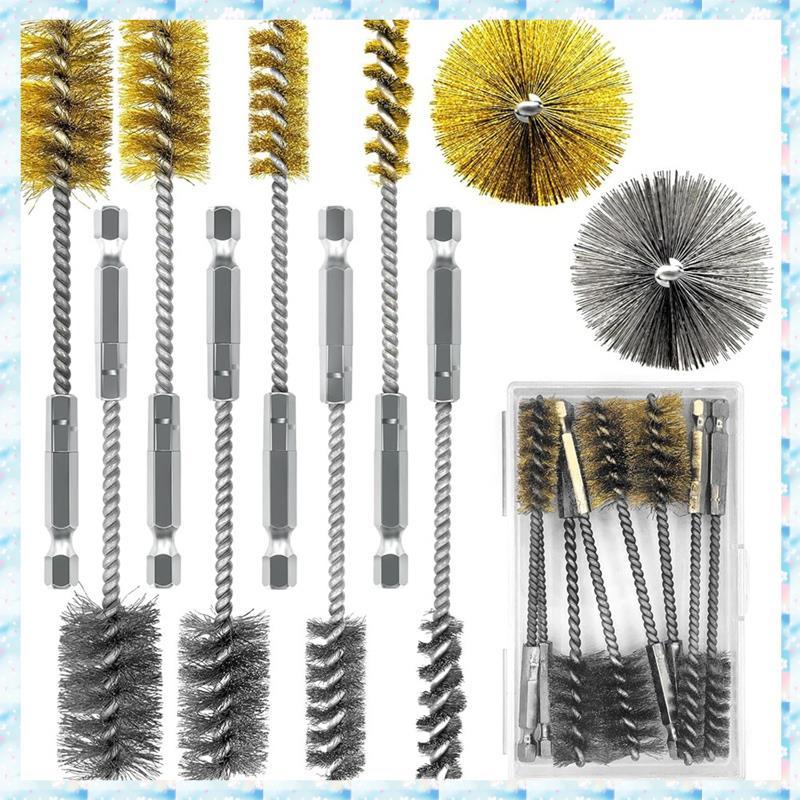 [R QMU] 304 สแตนเลสและทองเหลืองเจาะลวด Bore แปรงทําความสะอาด (8 ชิ้น), 1/4" Hex Shank, 3/8" 1/2" 3/4