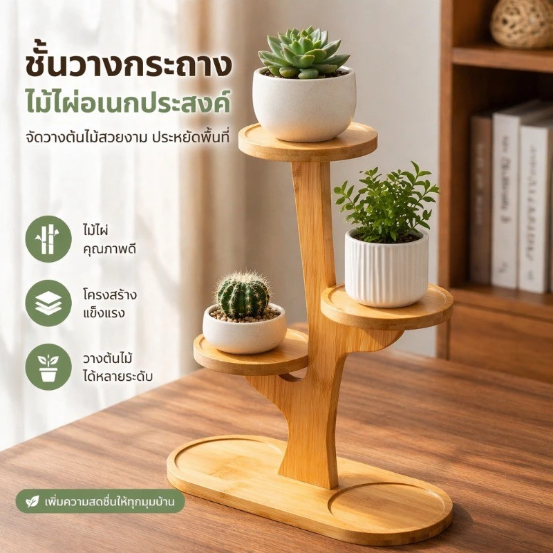 ชั้นวางต้นไม้หลายชั้นสำหรับโต๊ะ ชั้นวางดอกไม้พืชสีเขียวในบ้าน แข็งแรงทนทานทำจากไม้ไผ่