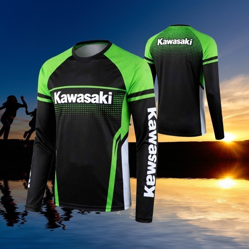 KAWASAKI ฤดูร้อนโพลีเอสเตอร์แขนสั้นทีเสื้อคาวาซากิปิดถนนการแข่งขันพิมพ์แห้งเร็วระบายอากาศบุรุษขี่จักรยานทีมสบายๆด้านบน