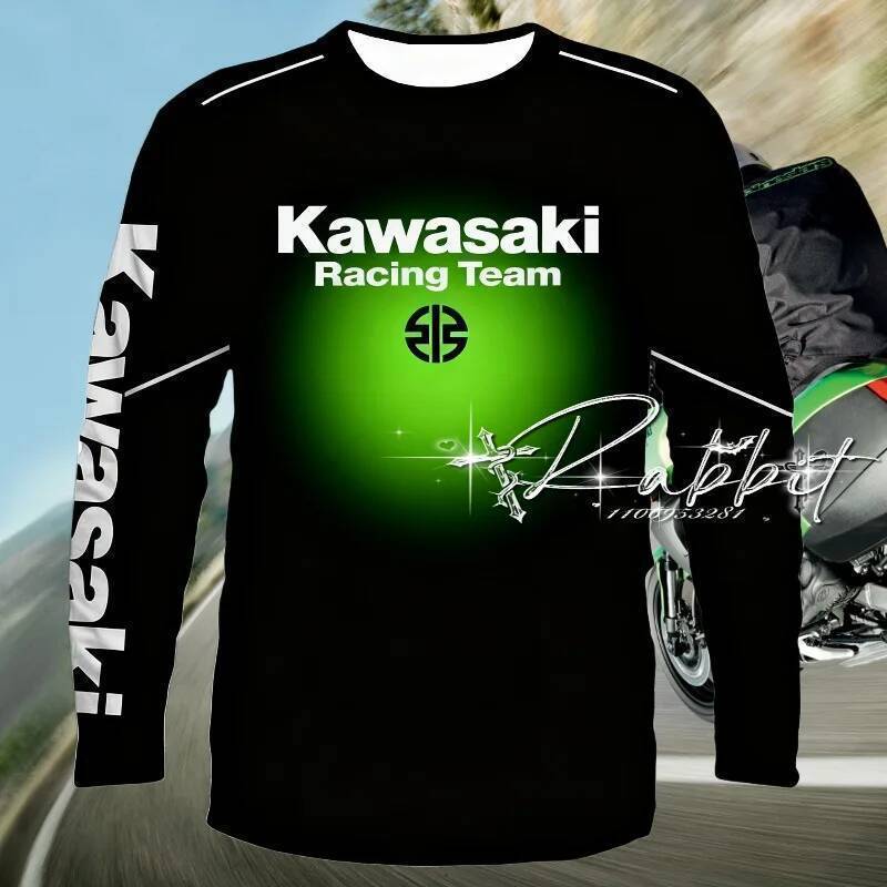 KAWASAKI ยู นิสซ์ แห้งเร็วแขนยาวเสื้อยืดคาวาซากิแข่งรถจักรยานยนต์พิมพ์ถนนแฟชั่นทุกวันกีฬาสบายๆด้านบน