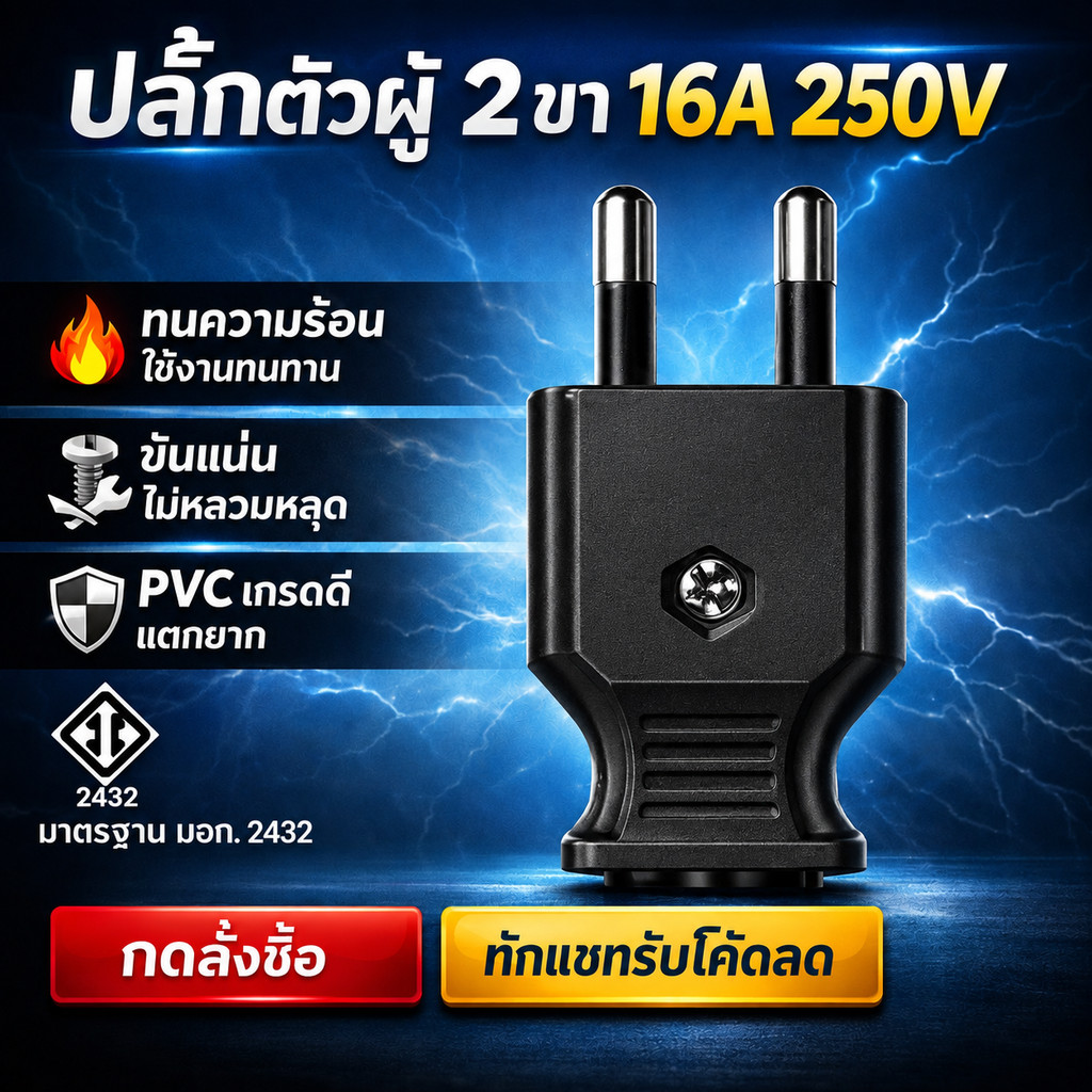 Matsukami ปลั๊กเสียบ 2 ขากลม 16A 250V มีมอก. ขาว/ดำ ปลั๊กตัวผู็ ปลั๊กรุ่นใหม่ เสียบง่าย รองรับสายไฟ VCT 2*2.5