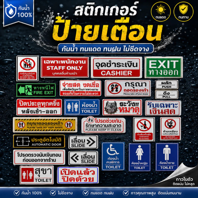 ZJ HOME สติกเกอร์ป้ายเตือนต่างๆ สติกเกอร์ PVC เกรดพรีเมี่ยม เคลือบฟิล์มลามิเนตสำหรับงานกลางแจ้ง มีความทนทานสูง