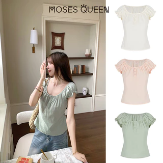 MOSESQUEEN เสื้อยืดแขนสั้นคอยูผ้าฝ้ายแท้พร้อมสายรัดดีไซน์สําหรับเอฟเฟกต์สลิมมิ่งและแขนพัฟ #63929