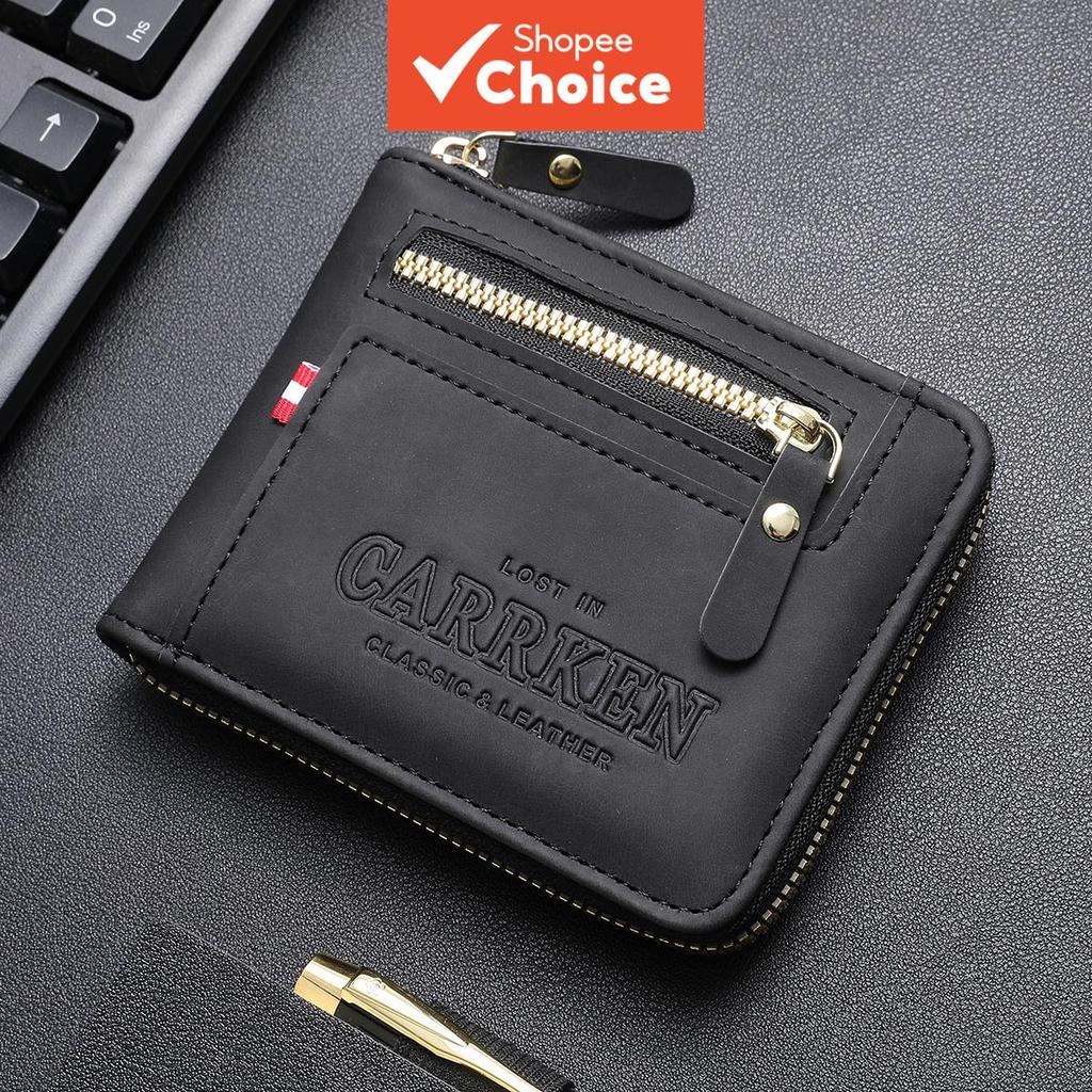 CarrKen กระเป๋าสตางค์ใบสั้นสําหรับผู้ชาย Casual Zip Letter-Embossed Multi-Card ID Case พร้อมกระเป๋าใส่เหรียญ