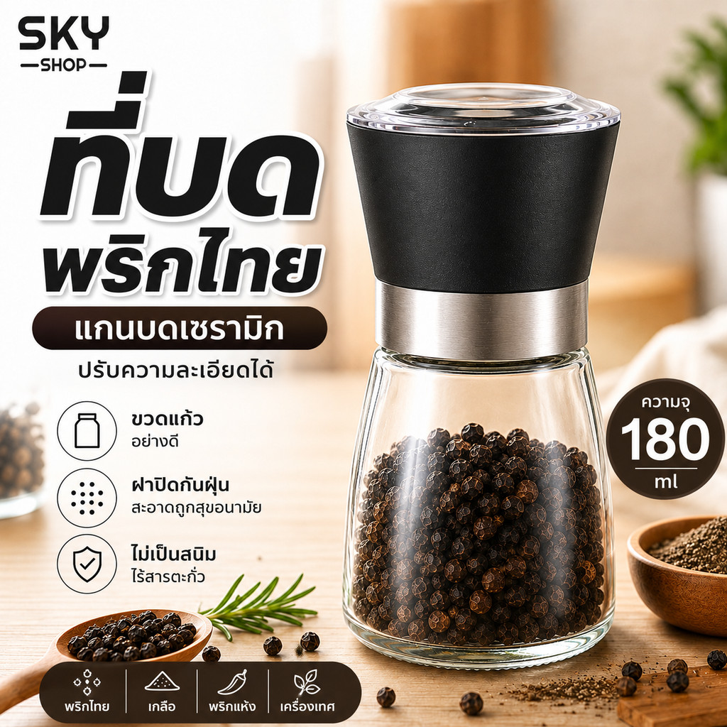 SKY เครื่องบดพริกไทย ขวดบดเครื่องเทศ ขวดบดเกลือ แกนบดเซรามิก ปรับความหยาบได้ ขวดแก้ว พร้อมฝาปิด Spice Grinder