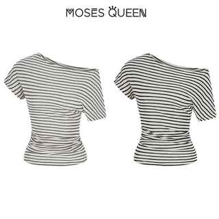 MOSESQUEEN ตะไคร่น้ํา เสื้อยืดแขนสั้นลายทางหลากสีไหล่เฉียงฤดูร้อนผ่อนคลายจีบเข้ารูปเอวกระชับสัดส่วนและเปิดไหล่ด้านบนสําหรับผู้หญิง #63896