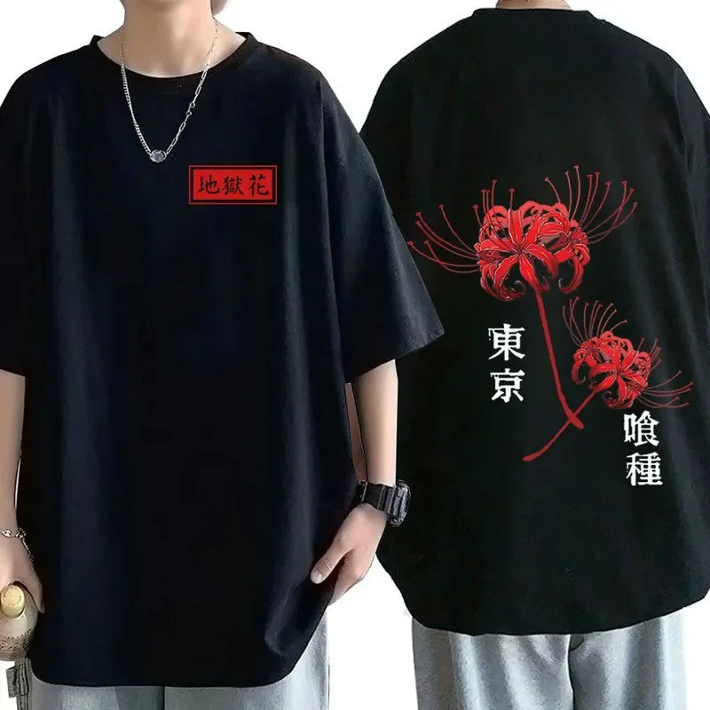 เสื้อยืดอนิเมะ Tokyo Ghoul Spider Lily เสื้อยืดแฟชั่นลำลองผ้าฝ้ายสำหรับผู้ชาย เสื้อยืดพิมพ์ลายกราฟิก