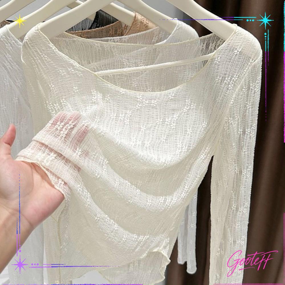 เสื้อลูกไม้เชียร์แขนยาวคอกลม แบบซีทรูด้านบน สีทึบ สไตล์Slim-fit เหมาะสำหรับชายหาดและป้องกันแสงแดด