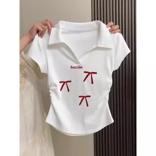 เสื้อทรงซ้อ เสื้อครอปสาวอวบ เสื้อยืดผู้หญิงทรงสลิม เสื้อเชิ้ตโบว์ เสื้อเชิ้ตโบว์ เสื้อยืดทรงจีบธรรมดาสำหรับผู้หญิง