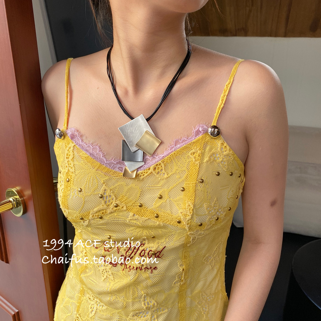 Chaifu Studio/X608 Cyberpunk Stitching Metal Brushed Necklace สร้อยคอเทคโนโลยีหนังนิช
