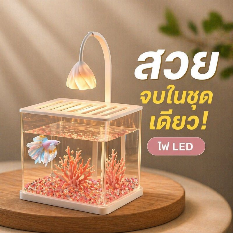 ตู้ปลากัด อะคริลิกใส ตู้ปลาเล็ก ตั้งโต๊ะ ไฟ LED