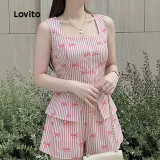 (New Arrival) Lovito เสื้อหรือกางเกงสไตล์โบฮีเมียนลายโบว์ สําหรับฤดูใบไม้ผลิ/ฤดูร้อนของผู้หญิง LK7ED871