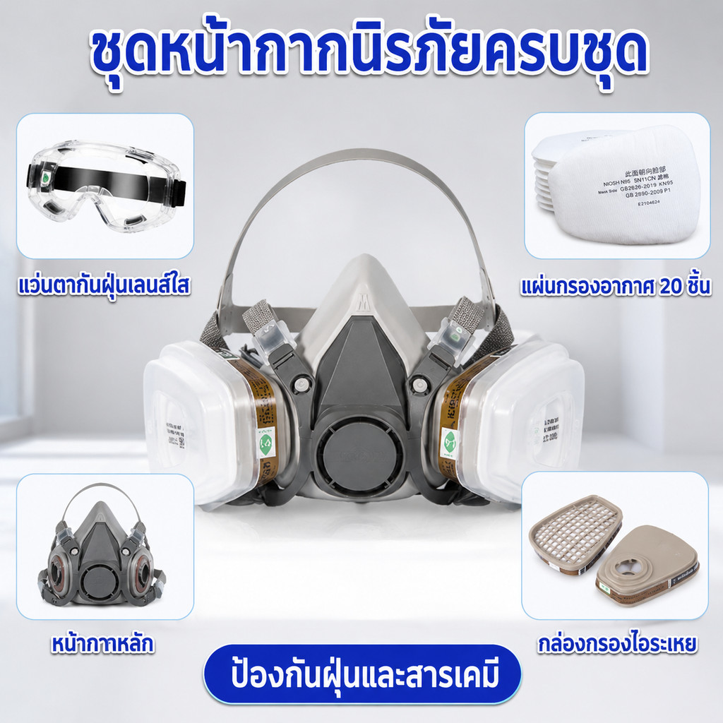 หน้ากากป้องกันฝุ่นและสารเคมี N95, แว่นตาป้องกันฝุ่นและก๊าซ และหน้ากากพร้อมตัวกรองกลิ่น ชุดหน้ากากสำห