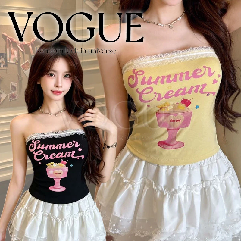 Vogue🌟พร้อมส่ง🌟 เสื้อเกาะอกพิมพ์ลายเก๋ๆ ดีไซน์ขอบลูกไม้มีฟองน้ำในตัว เข้ารูปกระชับสัดส่วน (FY666)