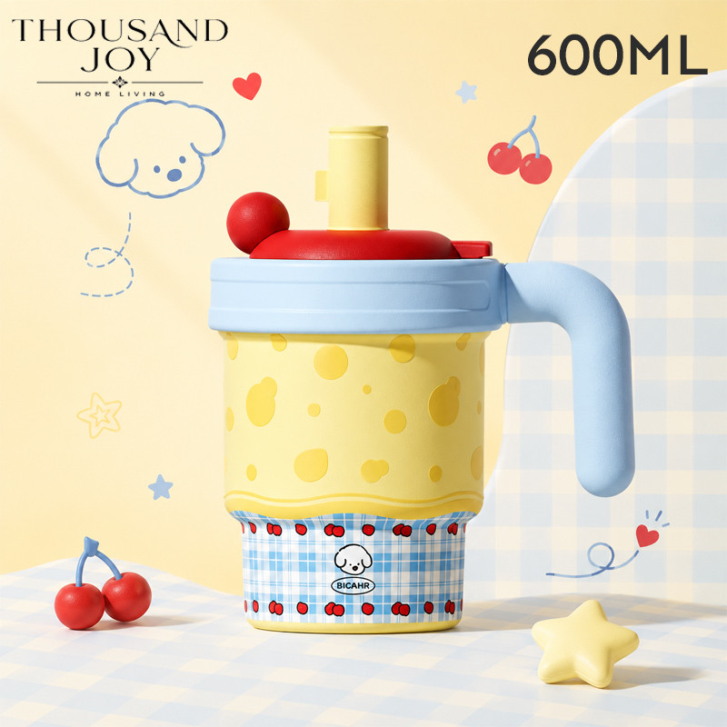 แก้วน้ำเก็บความเย็น 600ml สแตนเลส 316 ถ้วยพุงโตน่ารัก ด้ามจับทรงตัว L แบบหลอด มีฝาปิดกันฝุ่น กันลื่น