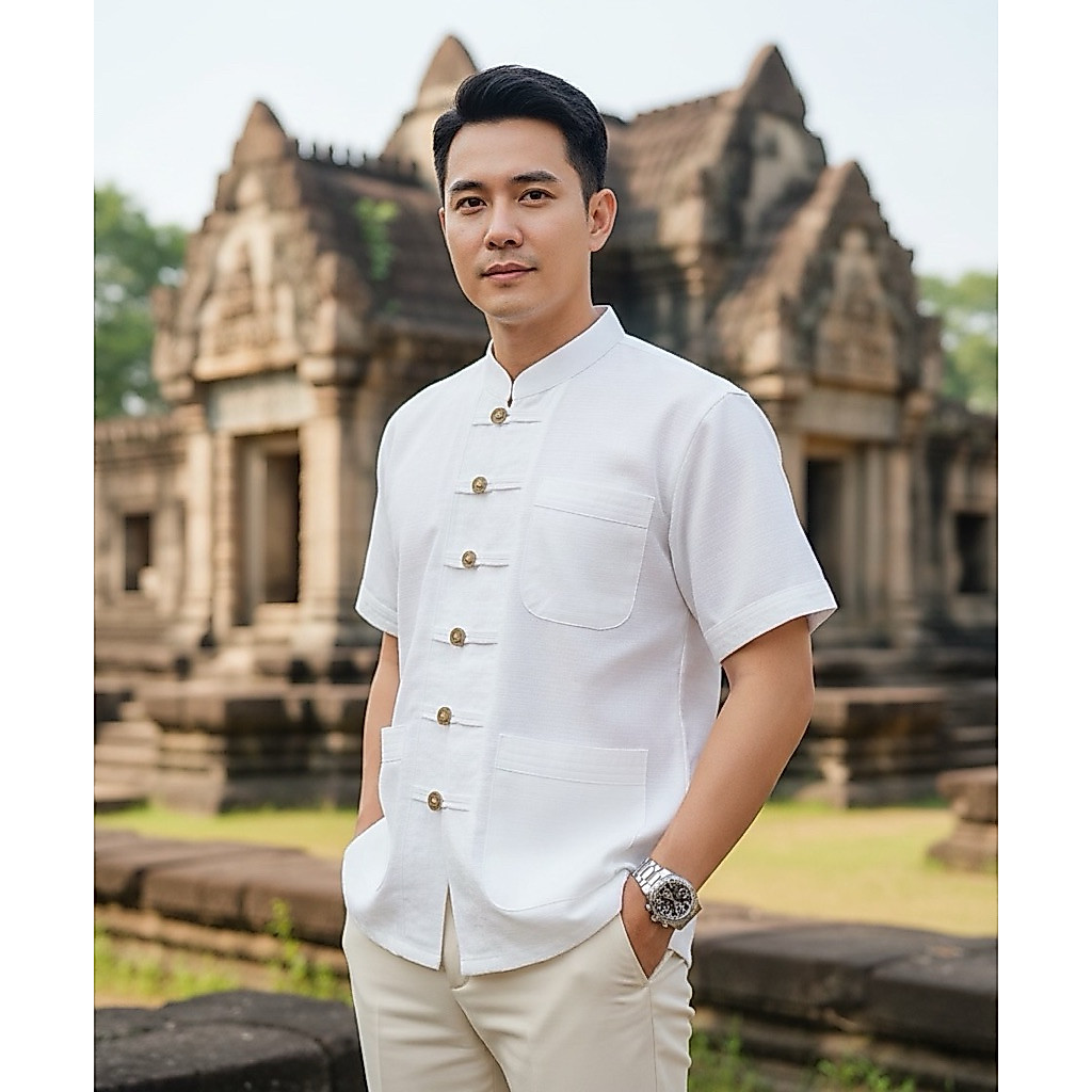 เสื้อพื้นเมืองผู้ชายร่วมสมัย รุ่นโมเดิร์นคอจีน แขนสั้น รูปที่ 2