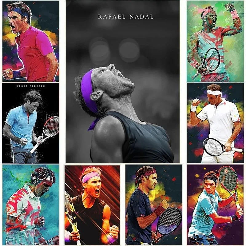 ที่มีชื่อเสียงเครื่องเล่นเทนนิส Roger Federer Rafael Nadal โปสเตอร์ผ้าใบภาพวาดกีฬา Pop Wall Art สําห