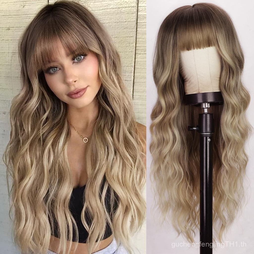 Lativ สีบลอนด์วิกผม Bangs ยาวหยัก Curly Ombre วิกผม Dark Root สังเคราะห์วิกผมทนความร้อนสําหรับผู้หญิ