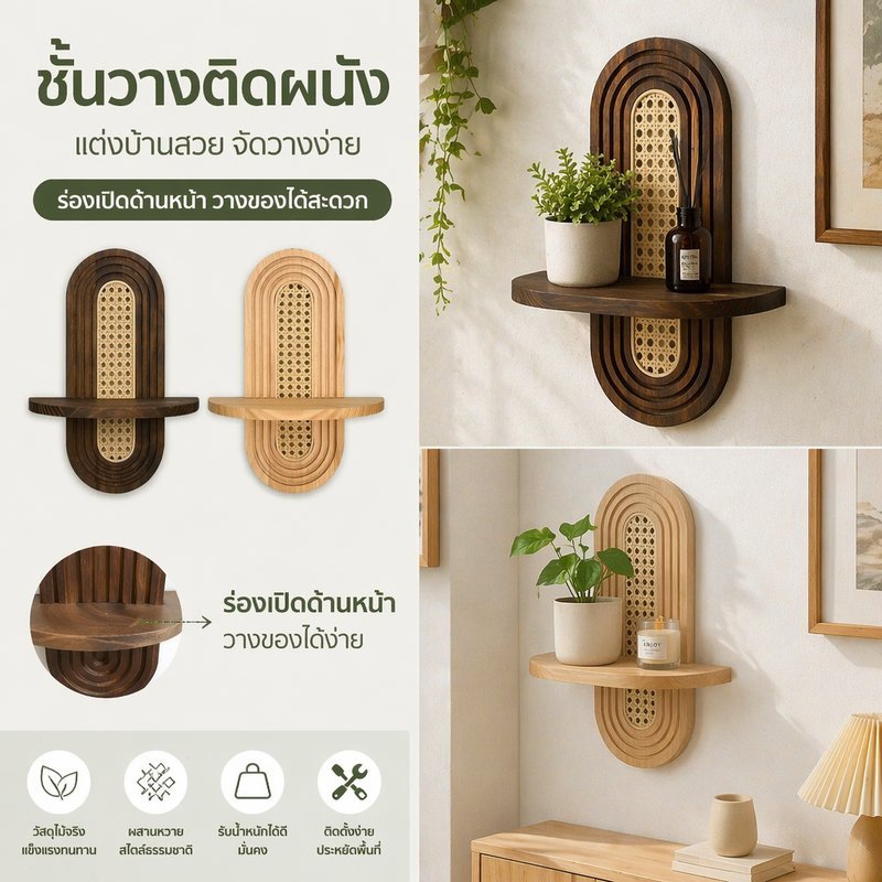 ติดผนังชั้นวางของโบฮีเมียน ชั้น 1/2/3/4 เธรดไม้เนื้อแข็ง ชั้นไม้ติดผนัง ชั้นวางติดผนัง ไม้ชั้นวางของติดผนัง ตกแต่งบ้าน