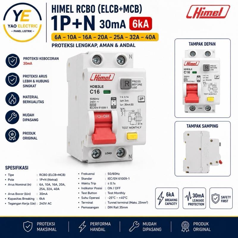 Himel RCBO ELCB+MCB 1P+N 30mA 6kA HD83LE C16 ป้องกันการรั่วซึมและปัจจุบันเพิ่มเติมวัสดุคุณภาพติดต่อต
