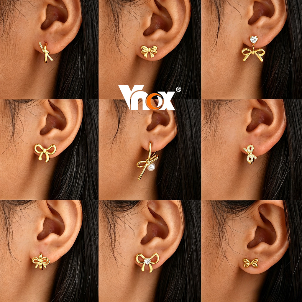VNOX วีน็อกซ์ สแตนเลสโบว์ผีเสื้อต่างหูสตั๊ดและวางต่างหูชุดสําหรับผู้หญิง ไม่แพ้ง่าย อร่อย เครื่องประดับ