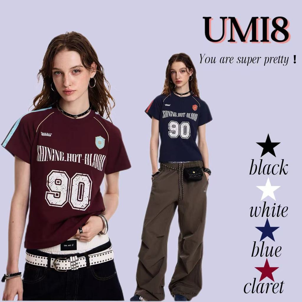 UMI8💝【ในสต็อก】💝 เสื้อยืดแขนสั้นลายทางสไตล์อเมริกันสำหรับผู้หญิง เสื้อกีฬาแฟชั่นเรโทรสุดฮิตสำหรับสาวฮอต