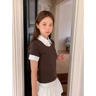 B&R พร้อมส่ง เสื้อยืดแขนสั้นคอปกปลอมสองชั้น เสื้อทรงสั้นเข้ารูปปักลาย สไตล์เกาหลีเรียบง่าย ผู้หญิง