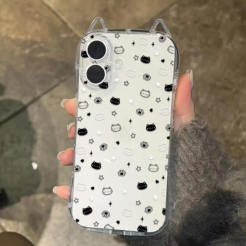 iphone 16 pro case เคส 16 pro max สีดําสีขาวแมวภาพประกอบเหมาะสําหรับiPhone16promaxเคสโทรศัพท์หูแมว15