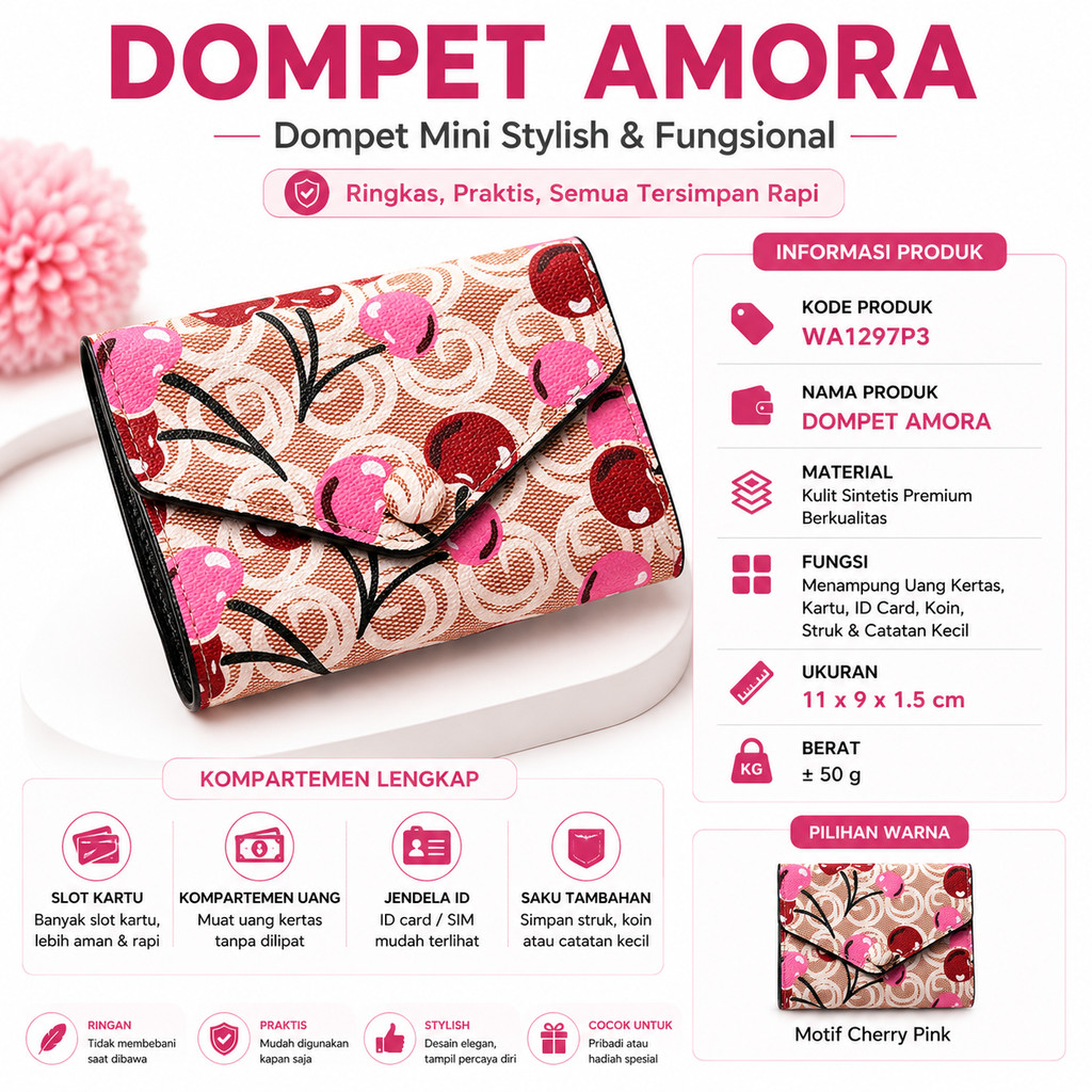 Amora Womens Mini Wallet Card Wallet ID Motif WA1297P3 Small Cherry Card Folding Slot