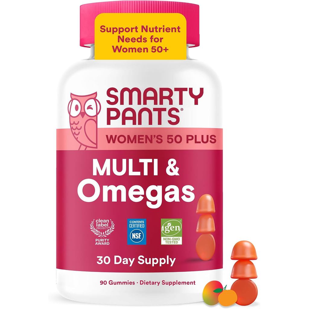SmartyPants Womens Plus 50+ Multi & Omegas Multivitamin Gummies with Omega 3 DHA/EPA, Methylfolate, 