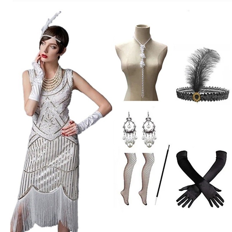 S-4XL1920s Retro Dress Handmade Beaded Sequined Flow Dress การประชุมประจําปี