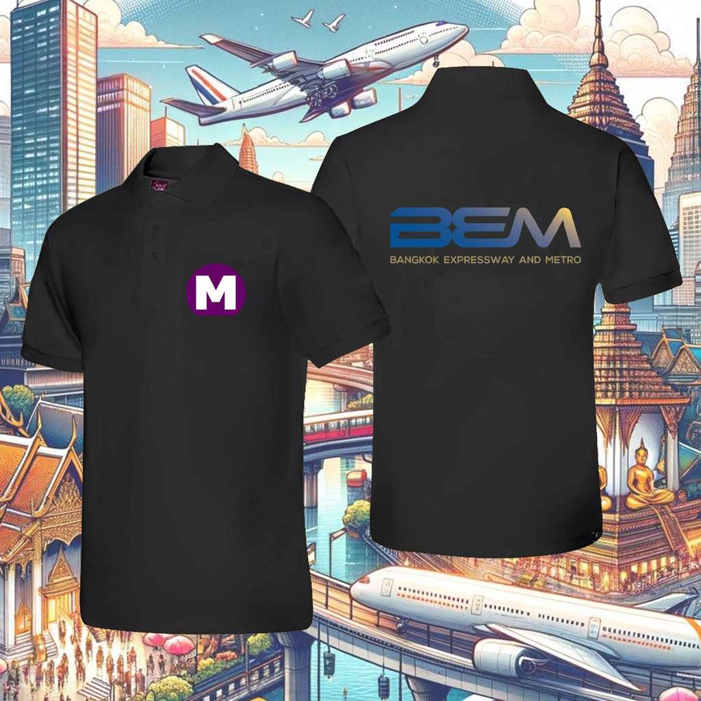 เสื้อโปโลสีดำคอปกลายโลโก้ BEM ผ้าฝ้าย100% แขนสั้น สำหรับผู้ชายผู้หญิง สไตล์เสื้อที่ระลึกขนส่งสาธารณะ