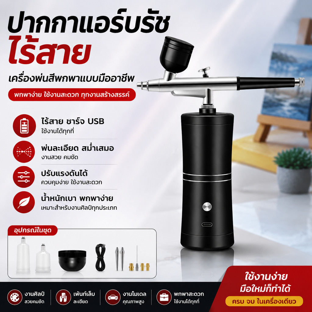ปากกาแอร์บรัชไร้สาย | เครื่องพ่นสี Airbrush แบบพกพา ชาร์จ USB พร้อมชุดหัวพ่น สำหรับงานศิลป์ โมเดล เล็บ DIY
