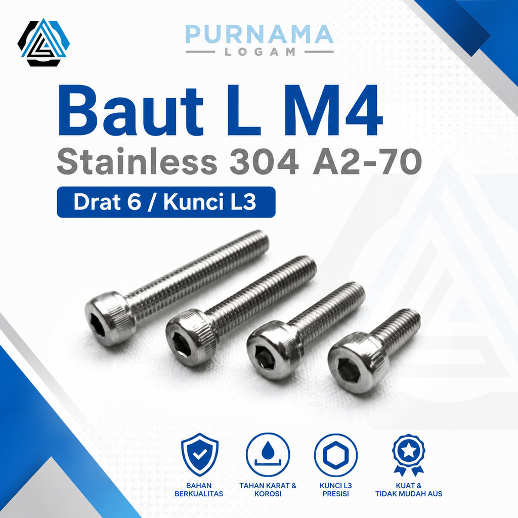 Bolt L M4 x 16 (1.6ซม.) กุญแจสแตนเลส 304 A2-70/ เกลียว 6/ L3