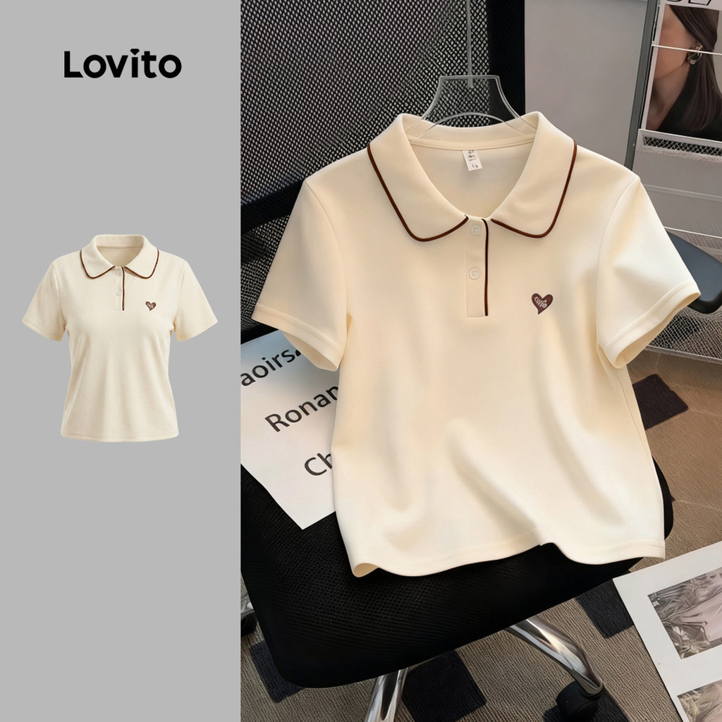Lovito แคชชวล เสื้อยืดสีขาวสำหรับผู้หญิง ดีไซน์ตัดกัน สำหรับฤดูใบไม้ผลิ/ฤดูร้อน LNE109D004