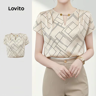 Lovito เสื้อเบลาส์ผู้หญิง สีแอปริคอต แบบกระดุมผ่าหน้า ดีไซน์โปร่งสําหรับฤดูใบไม้ผลิ/ฤดูร้อน เกาหลี อินเทรนด์ LK6AD134