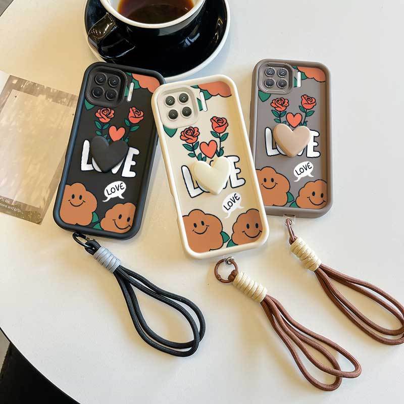 3 ชิ้น (ดอกไม้หน้ายิ้มเคสโทรศัพท์ + Lanyard + Craft Embellishments) มีสไตล์สําหรับ OPPO F17 Pro/F19 