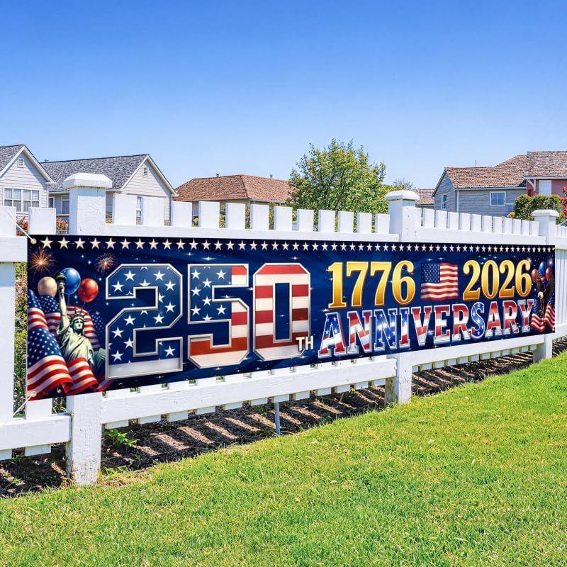 9.8 x 1.6 FT 250th Anniversary Banner, Red White Blue Stars Stripes Design for Independence Day, 177