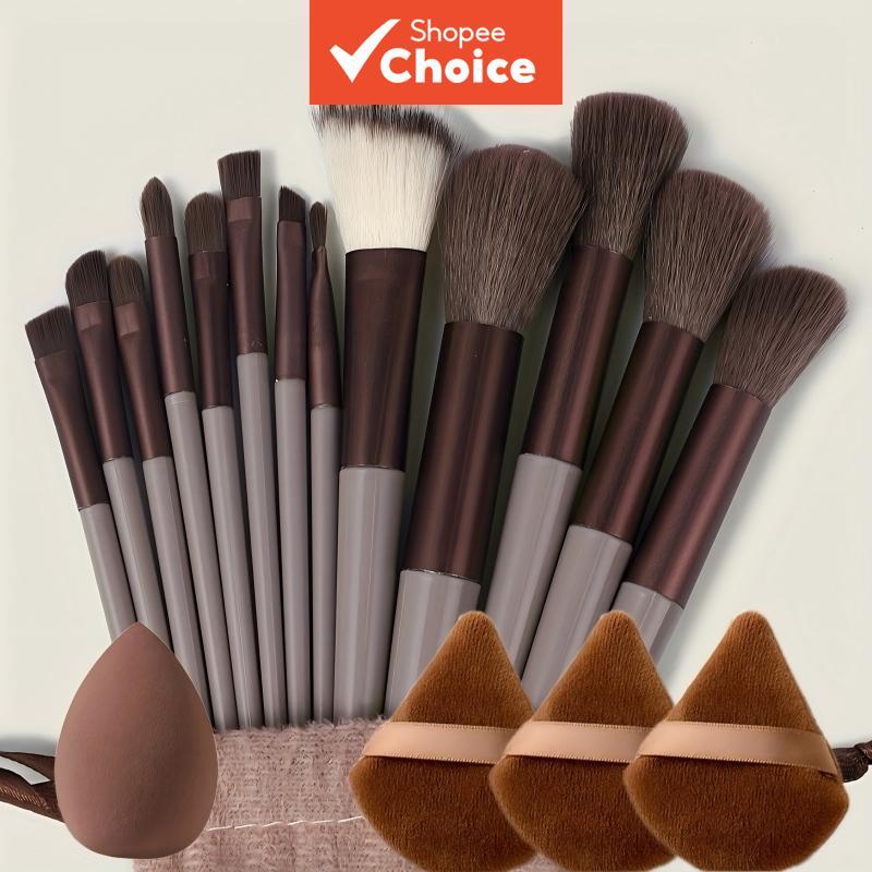 ชุดแต่งหน้ามืออาชีพ 15 ชิ้น - แปรงสีน้ําตาล 13 ชิ้น พร้อมพัฟกลมขยายและฟองน้ําทรงหยดน้ํา