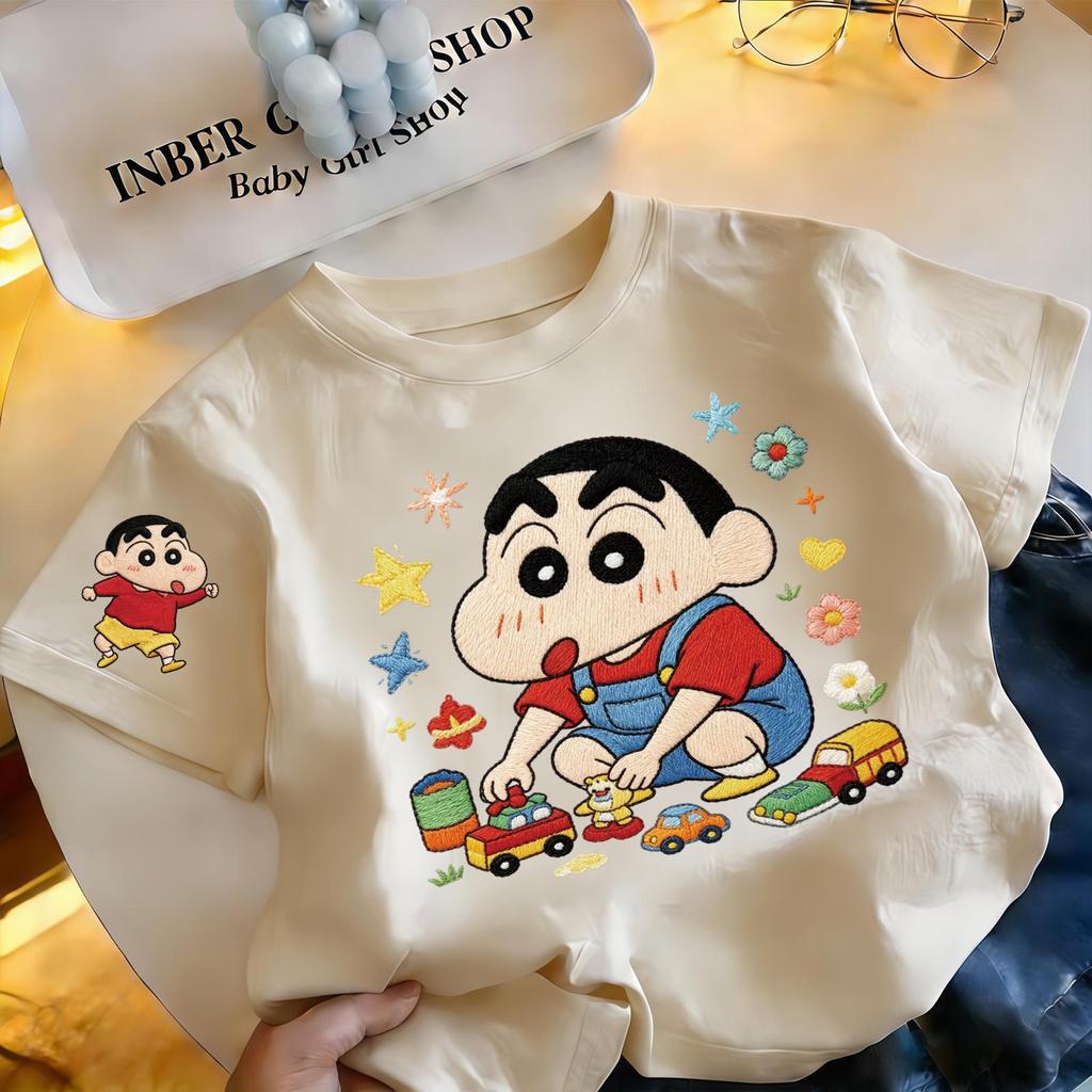 เสื้อยืดเด็กผ้าฝ้ายแท้แขนสั้น สีเขียวเข้มสวยสด ผ้าฝ้าย100% นุ่มละมุนระบายอากาศ ไม่ระคายผิวเด็กผู้ชายผู้หญิง ลายปัก3D ชิน
