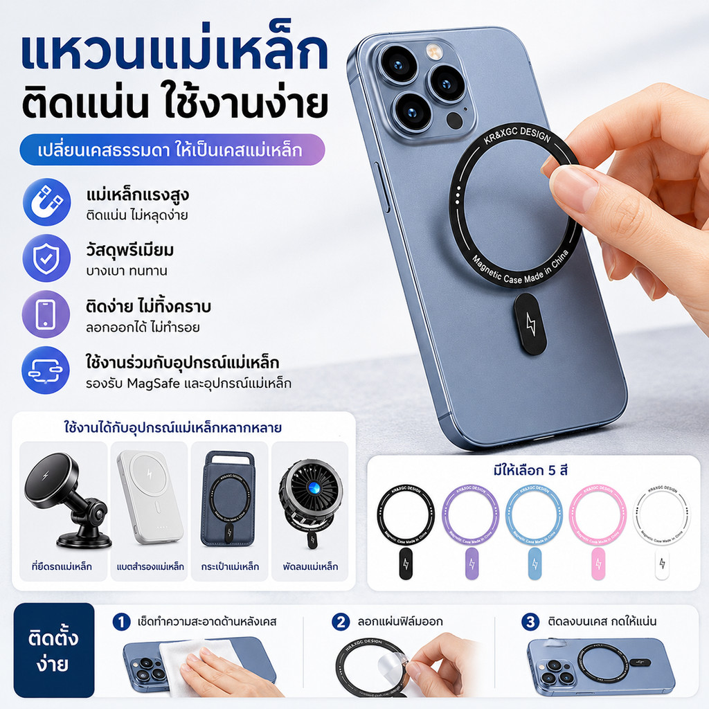 MagneticRingแหวนแม่เหล็ก รองรับชาร์จไร้สาย Magsafeสติกเกอร์แม่เหล็ก ใช้ได้กับทุกรุ่น แผ่นแม่เหล็ก ที่วางโทรศัพท์ในรถยนต์